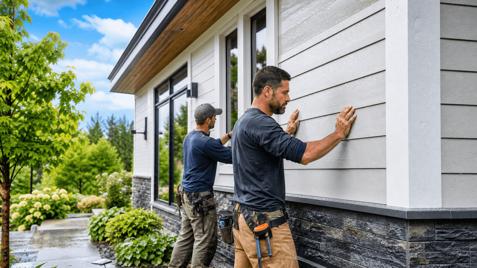 Close-up of rain-slick brick, fiber-cement siding, and dark composite trim on a modern exterior.